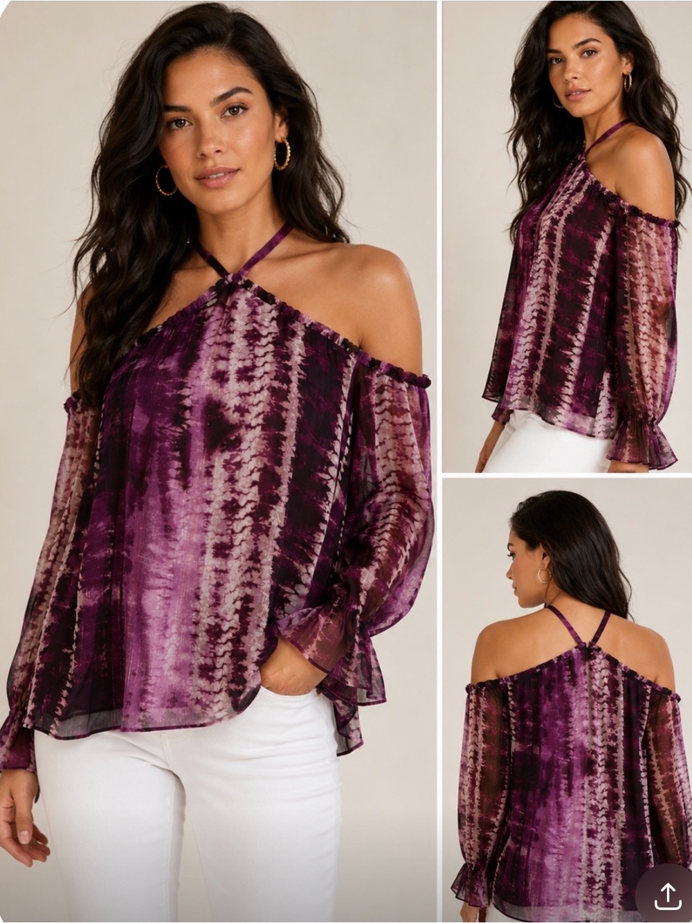INC Womens Top 2x Purple Black Cold Shoulder Ruffle Halter Neck Plus Size